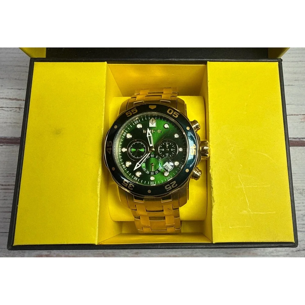 Mens Invicta Pro Diver Scuba 18kt Gold Plated Chronograph Green 48mm Watch